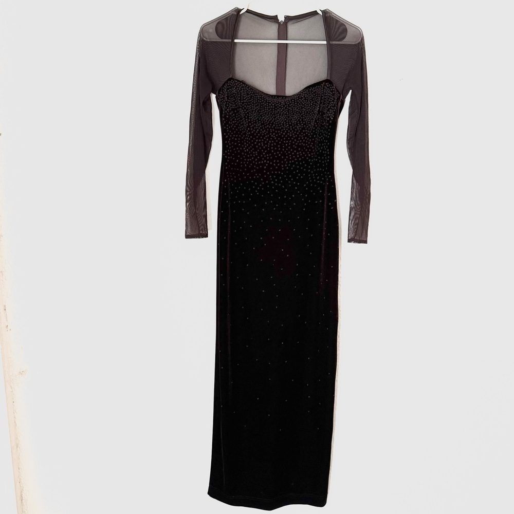 TADASHI Neiman Marcus Brown Velvet Beaded Embellished Sheer‎ Sleeve Gown